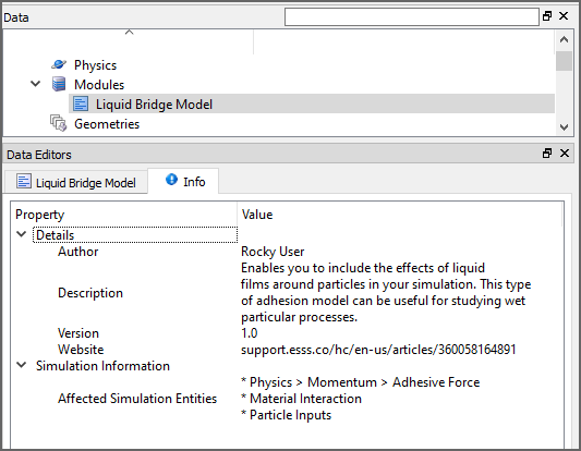 Liquid Bridge Model模块的信息选项卡