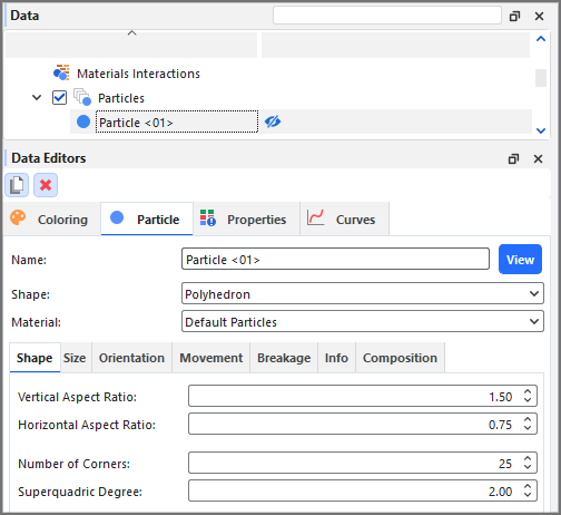 默认颗粒形状Data Editors面板上的Particle、Shape选项卡