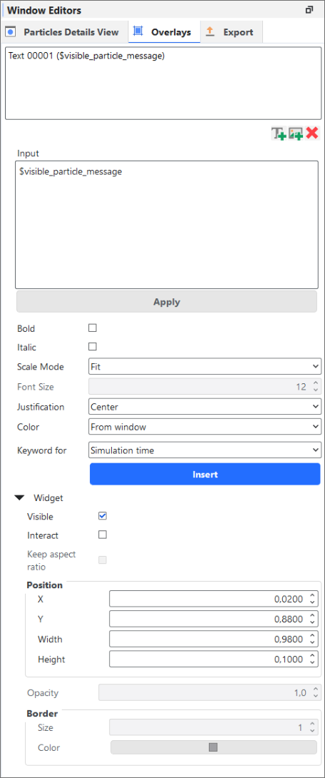 Window Editors面板上的初始Overlays选项卡显示了默认的颗粒集文本