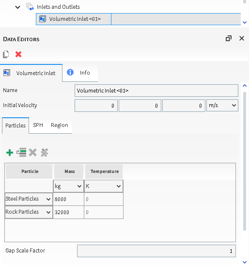 Volumetric Inlet、Particles子选项卡、Data Editors面板