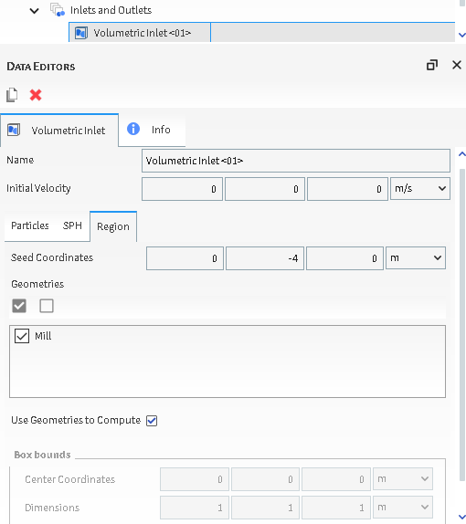 Volumetric Inlet、Region子选项卡、Data Editors面板