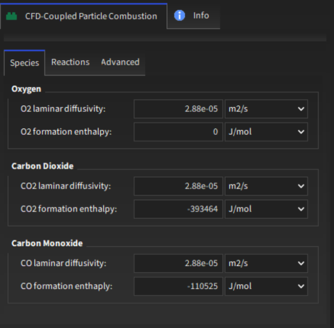 CFD-Coupled Particle Combustion module options under the Species tab.