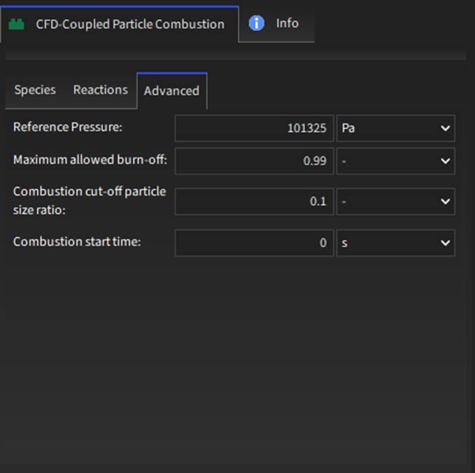 CFD-Coupled Particle Combustion module options under the Advanced Tab.