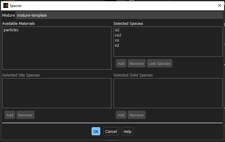 Setting the mixture species in Fluent.