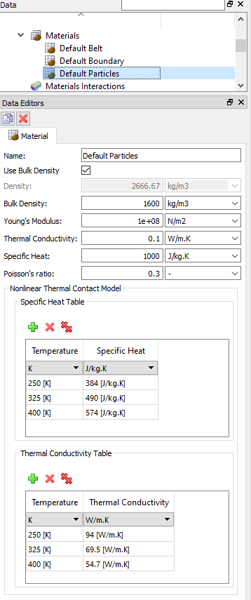 Nonlinear Thermal Contact Model module options for an individual material component.
