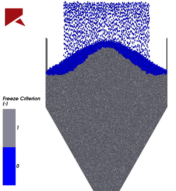 Filling of a silo using the Particle Freeze when Settled module. Grey particles are frozen whereas blue particles are active.