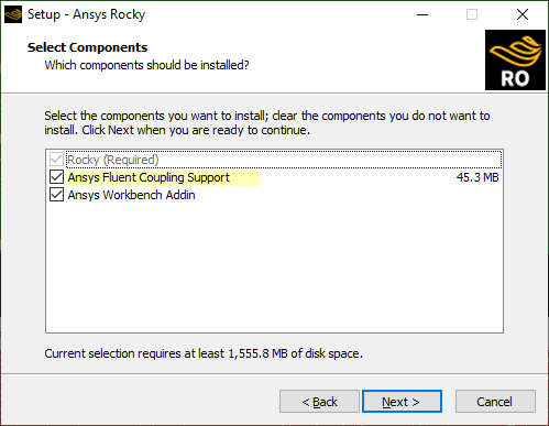 The Ansys Fluent Coupling Support option selected during Rocky installation
