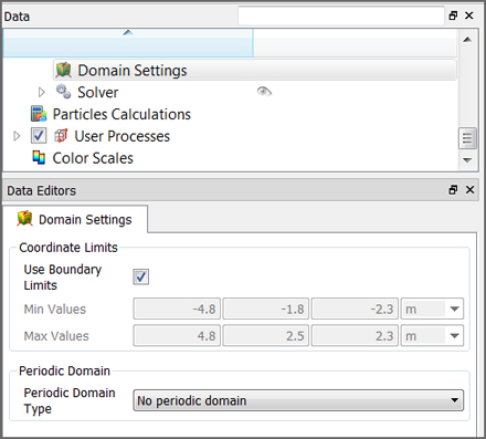 Domain Settings, Coordinate Limits parameters in the Data Editors panel (No periodic domain)