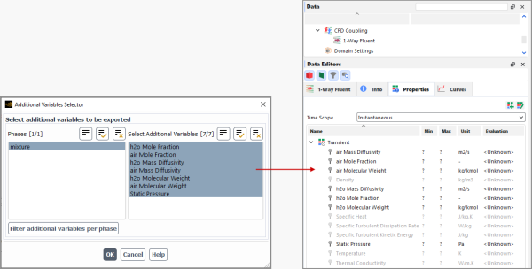 The Additional Variables Selector dialog in Fluent (left). These become custom Properties in Rocky after F2R import (right).