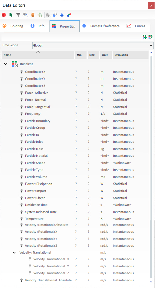 Particles, Property options in the Data Editors panel when Inter-particle Collision Statistics are collected