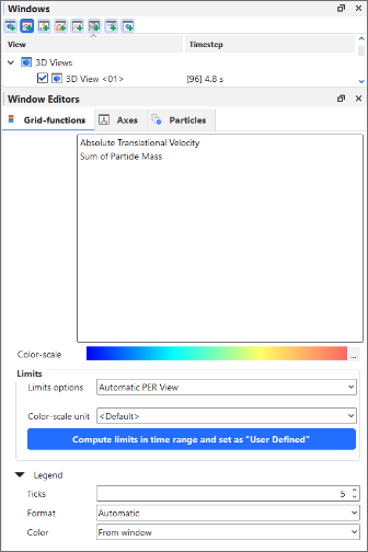 Grid-functions options on the Window Editors panel when the main 3D View entity is selected