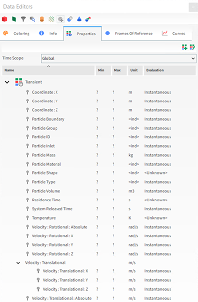 Particles, Property options in the Data Editors panel when Particle Instantaneous Energies are collected