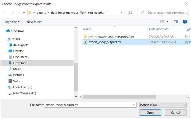 Choose Rocky script to export results