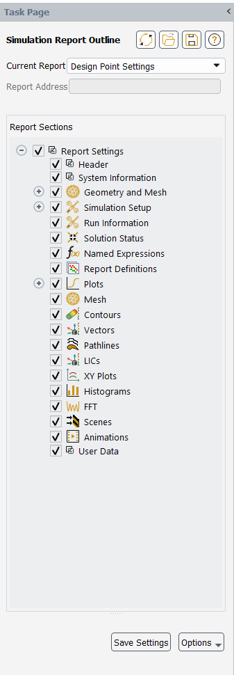 The Simulation Report Outline Task Page for Design Point Settings