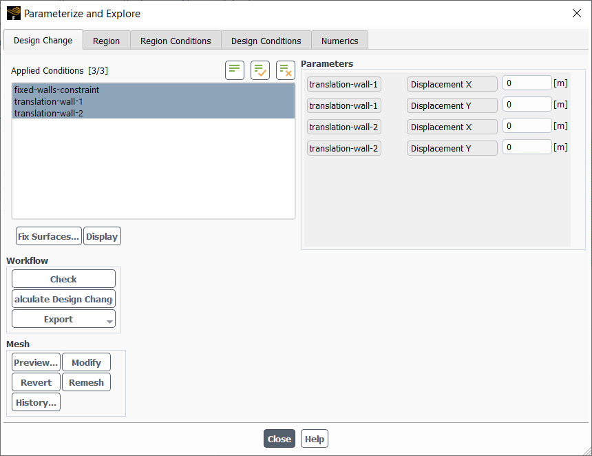 The Design Change Tab of the Parameterize and Explore Dialog Box