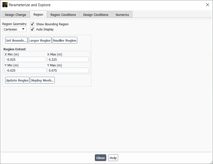 The Region Tab of the Parameterize and Explore Dialog Box