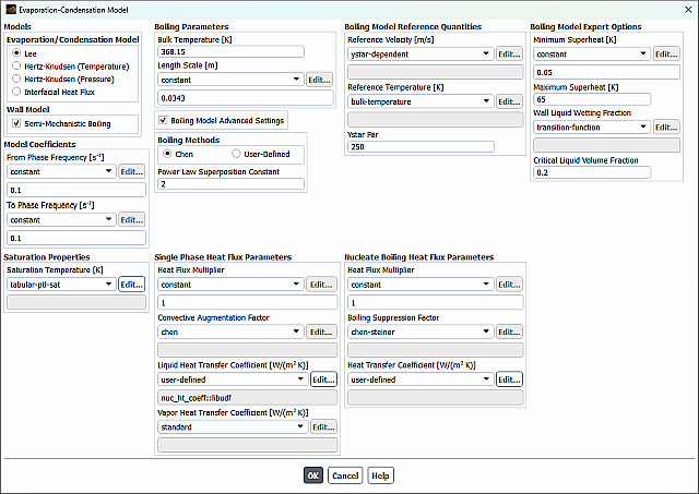 The Evaporation-Condensation Model Dialog Box