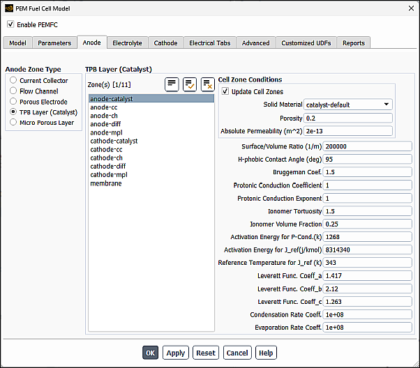 The Anode Tab of the PEM Fuel Cell Model Dialog Box with TPB Layer (Catalyst) Selected