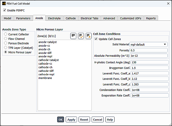 The Anode Tab of the PEM Fuel Cell Model Dialog Box with Micro Porous Layer Selected