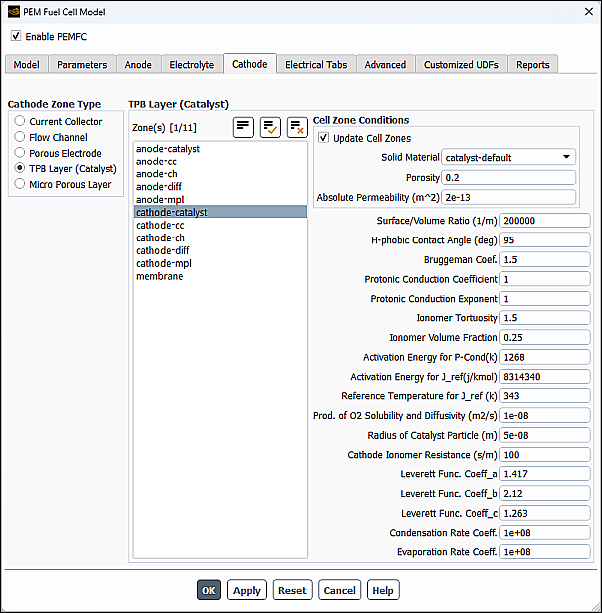 The Cathode Tab of the PEM Fuel Cell Model Dialog Box with TPB Layer (Catalyst) Selected