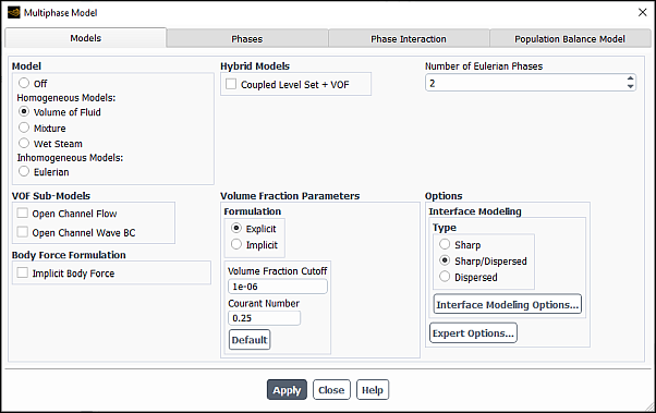Multiphase Model Dialog Box for the VOF Model