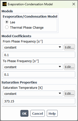 The Evaporation-Condensation Model Dialog Box (Eulerian Multiphase Model)