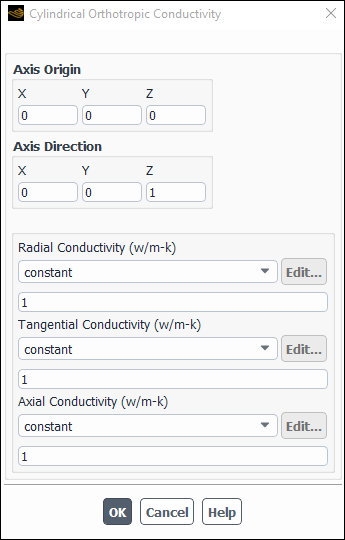 The Cylindrical Orthotropic Conductivity Dialog Box