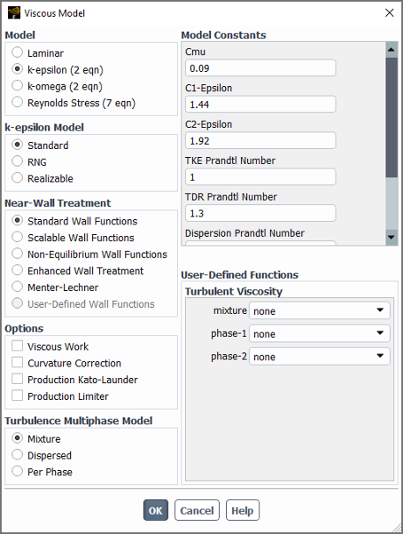 The Viscous Model Dialog Box for an Eulerian Multiphase Calculation