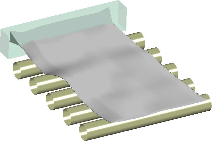 Illustrative Simulation of the Extrusion of a Rubber Tire Tread (Grey) Out of a Part of a Die (Green Transparent) Assisted by a Roller Conveyor (Brown)