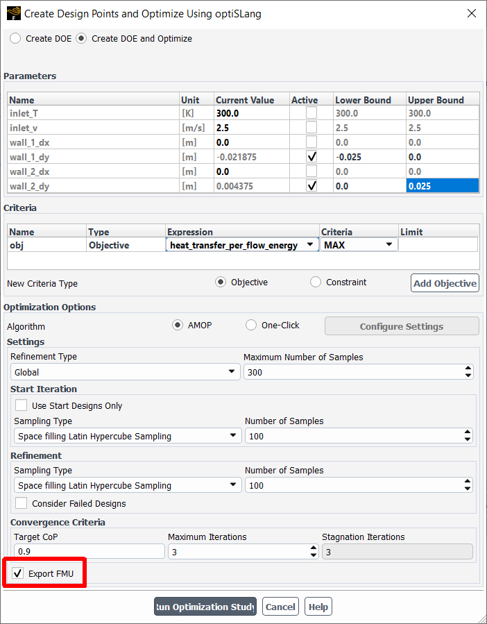 The Export FMU Option in the Create Design Points and Optimize Using optiSLang Dialog Box