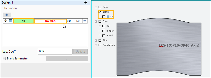 After defining the blank outline, define its material