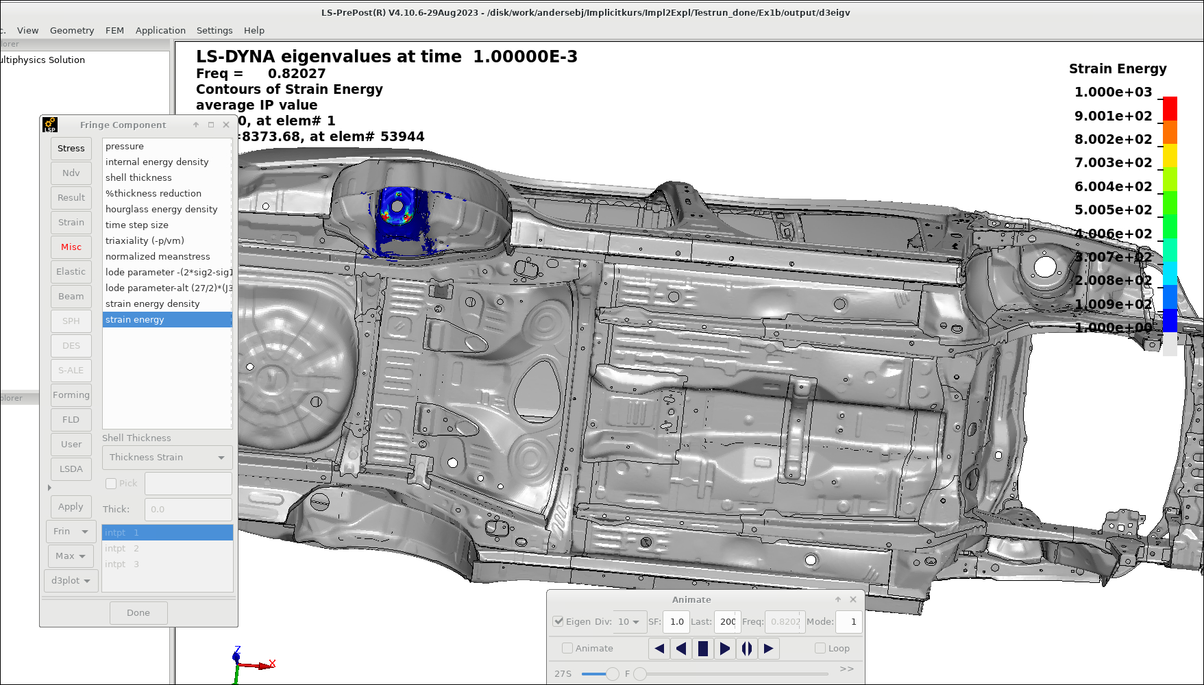 Example of visualization of strain energy using LS-PrePost.