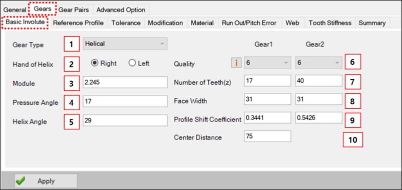 Basic Involute tab for the External, Internal, and Planetary gear set