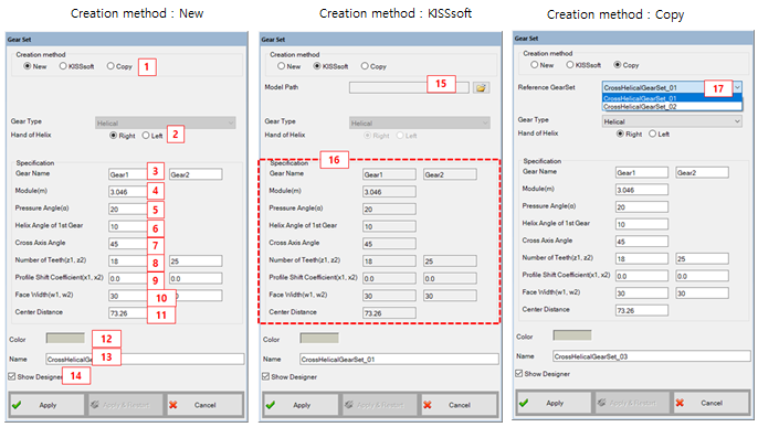 Creation dialog of Cross Helical Gear Set