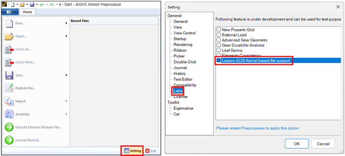 Enable the Legacy ACIS Kernel based file support option in the Settings menu