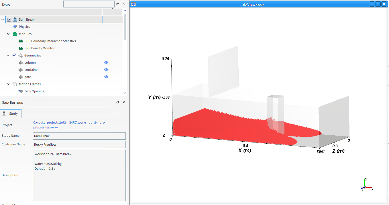 3D View window showing fluid and geometries after processing
