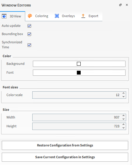 3D View options on the Window Editors panel when a 3D View is selected in Windows panel