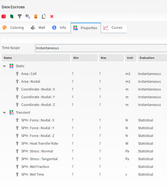 SPH Boundary Interaction Statistics Properties on the Data Editors panel for Geometry components