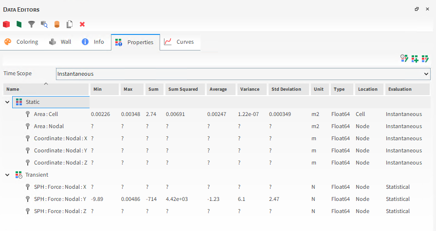 Property column header options in the Data Editors panel