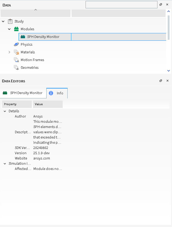 Info tab for the SPH Density Monitor Module