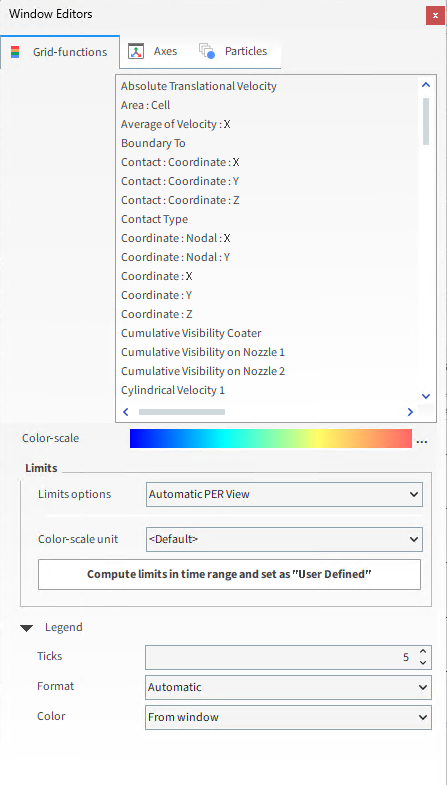 Grid-functions options on the Window Editors panel when the main 3D View entity is selected in the Windows panel
