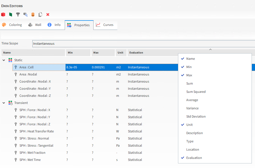Example Properties tab showing all available data columns