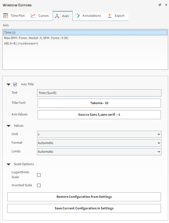 Time Plot, Axes settings in the Window Editors panel