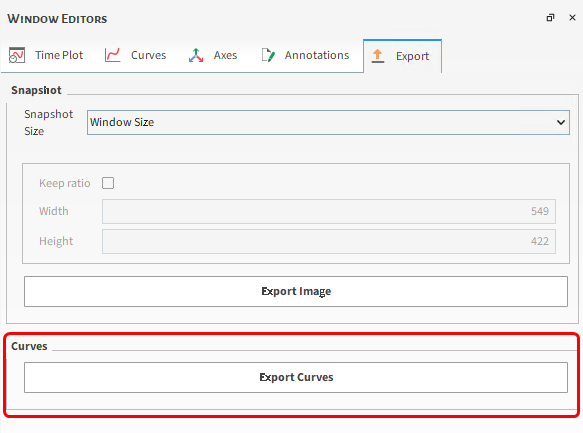 Time Plot, Export Curves settings in the Window Editors panel