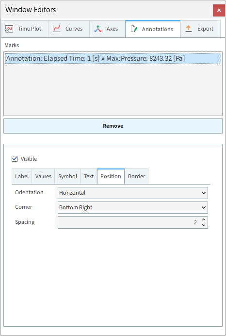 Time Plot, Annotations | Position settings in the Window Editors panel