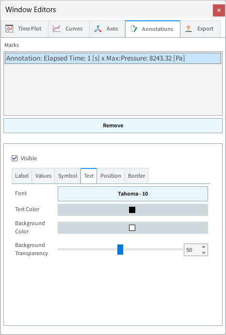 Time Plot, Annotations | Text settings in the Window Editors panel