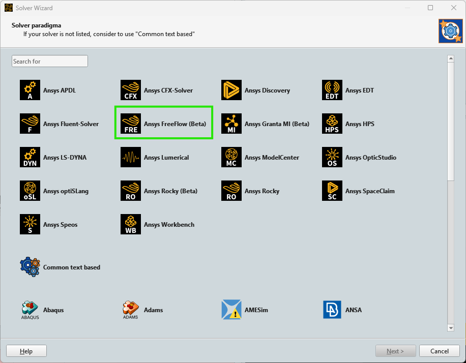 Ansys FreeFlow (Beta) selection in Ansys optiSLang software