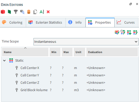 Eulerian Statistics (applied to a Cube), Properties options in the Data Editors panel