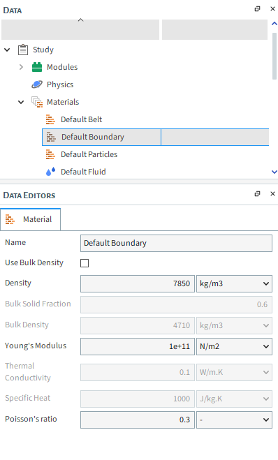 Default Material parameters in the Data Editors panel