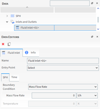 Fluid Inlet, SPH sub-tab, Data Editors panel